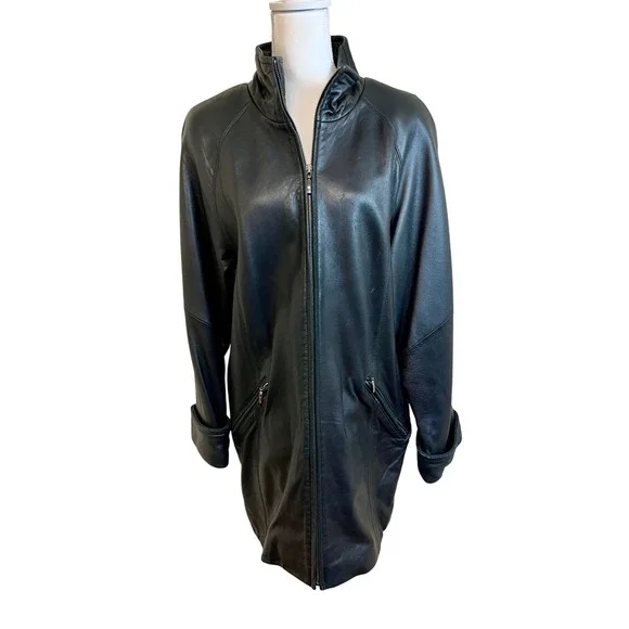 Vintage Y2K LIZ CLAIBORNE Black Leather Car Coat Jacket Zip Sz M Minimalist Goth - Picture 13 of 16